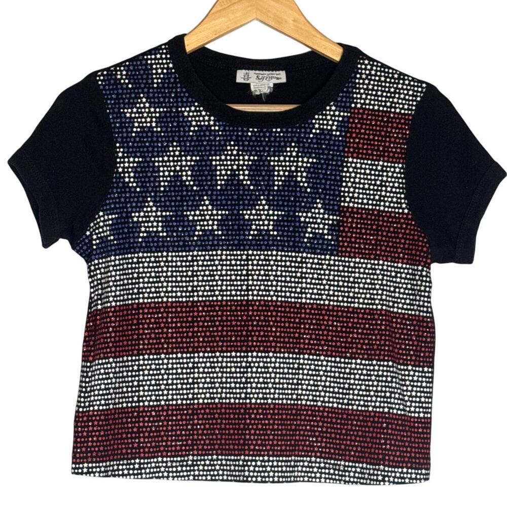 Y2K Self Esteem Cropped Tee Medium Red White Blue American Flag Stars Stripes